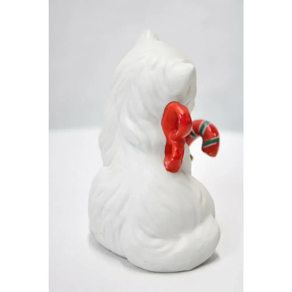 Vintage White Kitty Cat red candy cane bow Ceramic Kitten Figurine Homeco homco